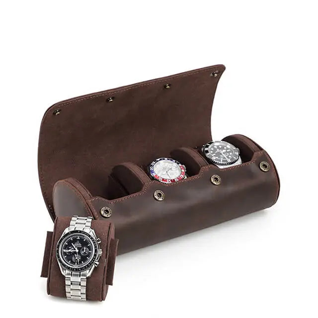 Genuine Leather Watch Roll Travel Case | 3 Watches | Coffee