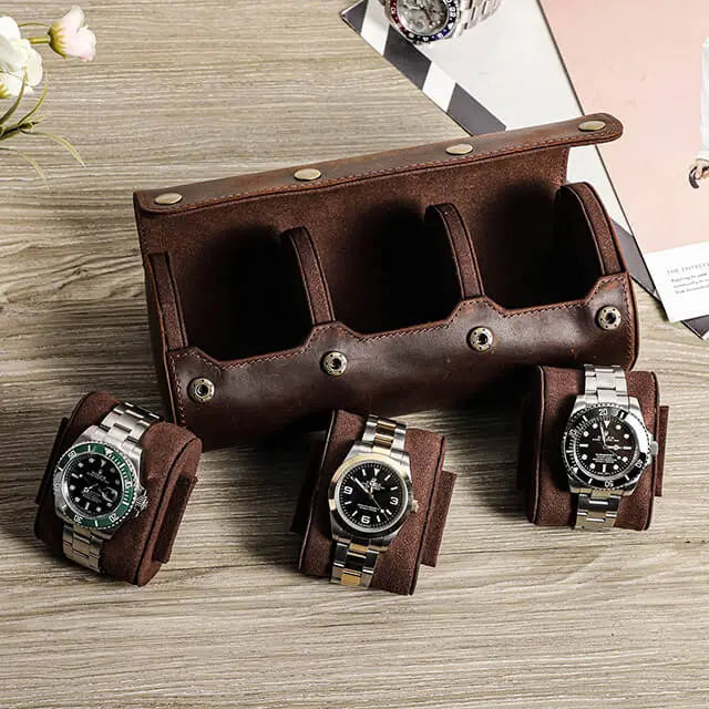 Genuine Leather Watch Roll Travel Case | 3 Watches | Coffee