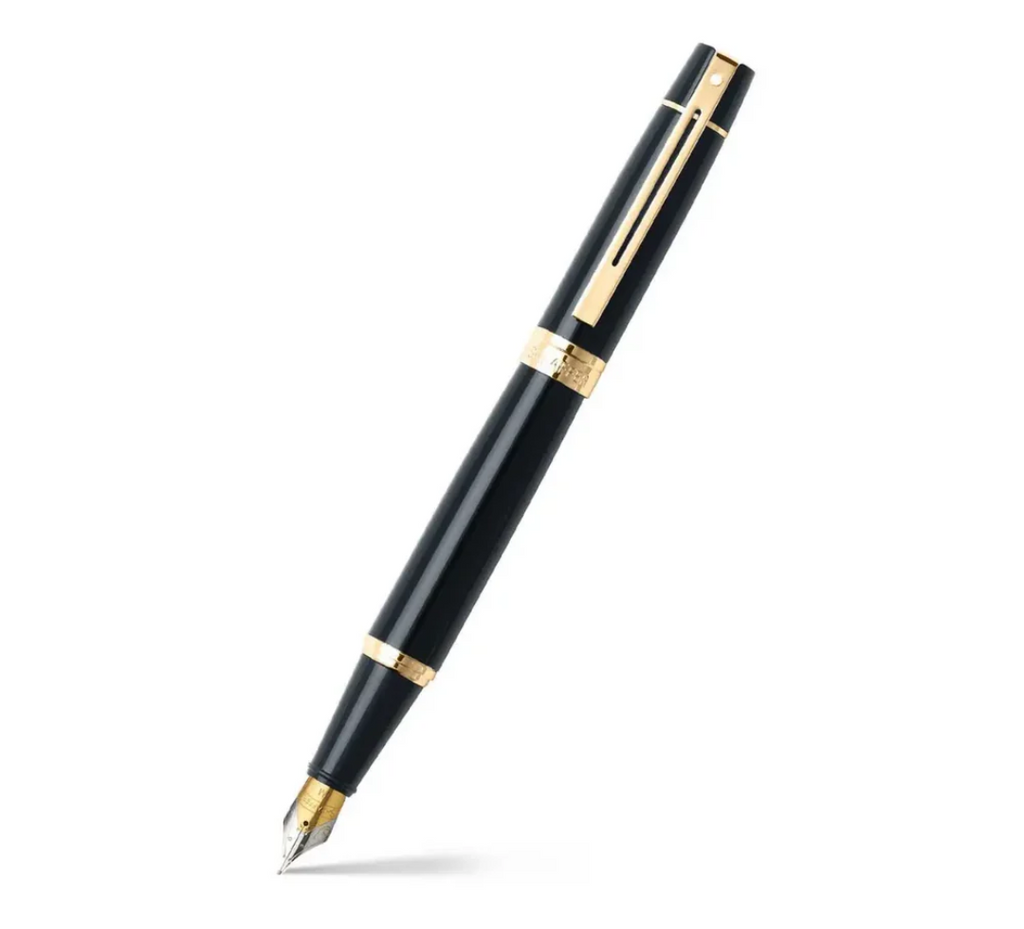 Sheaffer 300 Glossy Black Fountain Pen With Gold Trims - Medium Nip E0932553