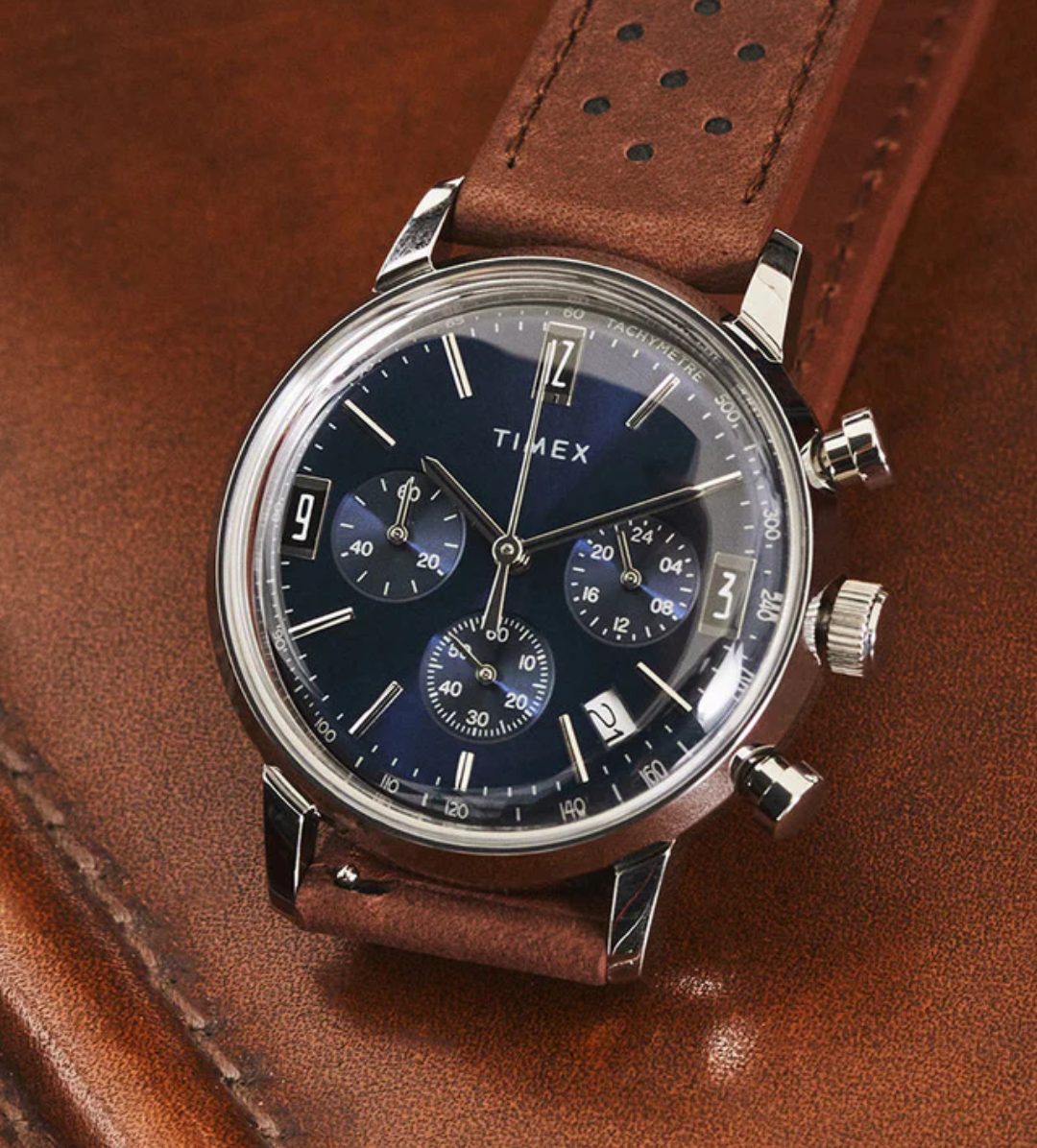 Timex® Marlin Chronograph Tachymeter Blue Dial

40mm Leather Strap Watch